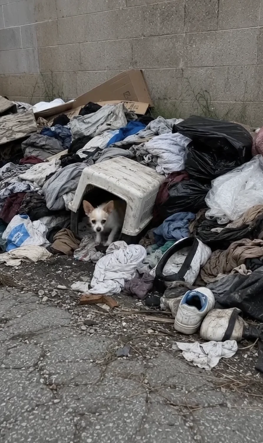 A small pale dog sits inside a discarded plastic carrier on a heap of dumped clothing beside a wall.